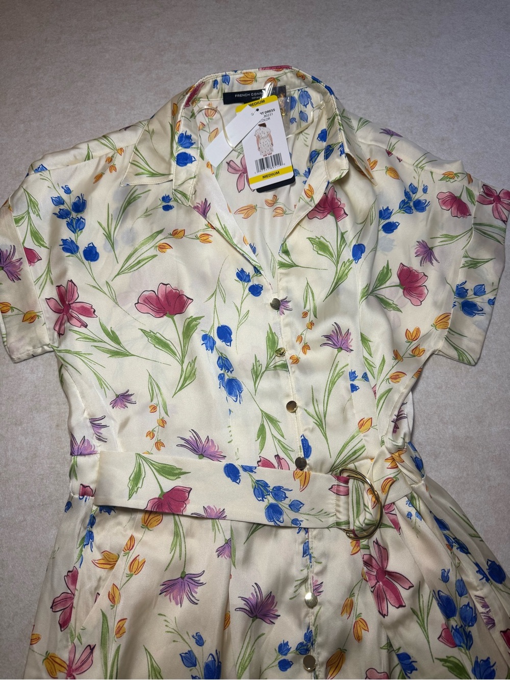 French Connection Women's Short Shirt Cream Floral Buckle Belt Dress Size M NWT - Picture 2 of 11